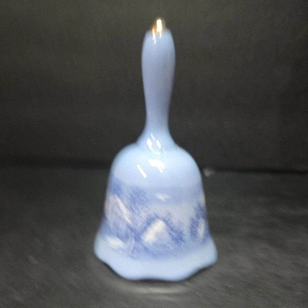 Currier & Ives The Old Homestead Dinner Bell, Vintage Winter Blue Ceramic Accent